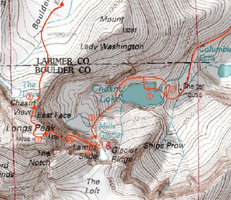 Our "lucky day" route up and down Longs Peak. The "X's" mark the spots of Brian's found luck.