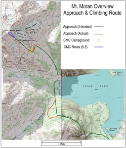 Map of Mt. Moran approach & climbing routes