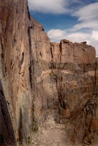 A view of the Chasm View rappel area from the start of the Casual Route; 3 150 foot rappels to descend to Broadway Ledge.