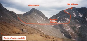 My route to Mt Wilson, as seen from the Rock of Ages mine.  Can also see the remaining storm clouds.