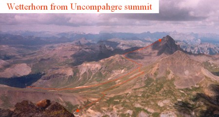 A view of Wetterhorn and my early-day route, seen from the summit of Uncompahgre