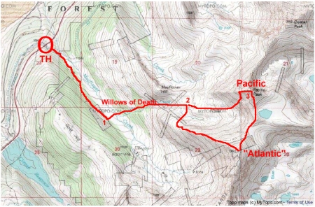 Our route from the Mayflower Gulch TH to Atlantic and Pacific Peaks