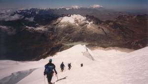 boliviahpdescenttohighcamp The descent to High Camp with Basecamp in the distance on the far side of the lake.