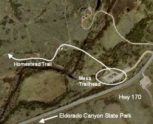 Aerial photo of starting point (Eldorado Canyon Mesa Trailhead)