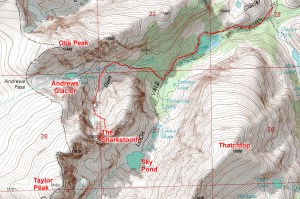 Approach to the Sharkstooth via the Loch Vale trail and junction to Andrews Glacier & Pass